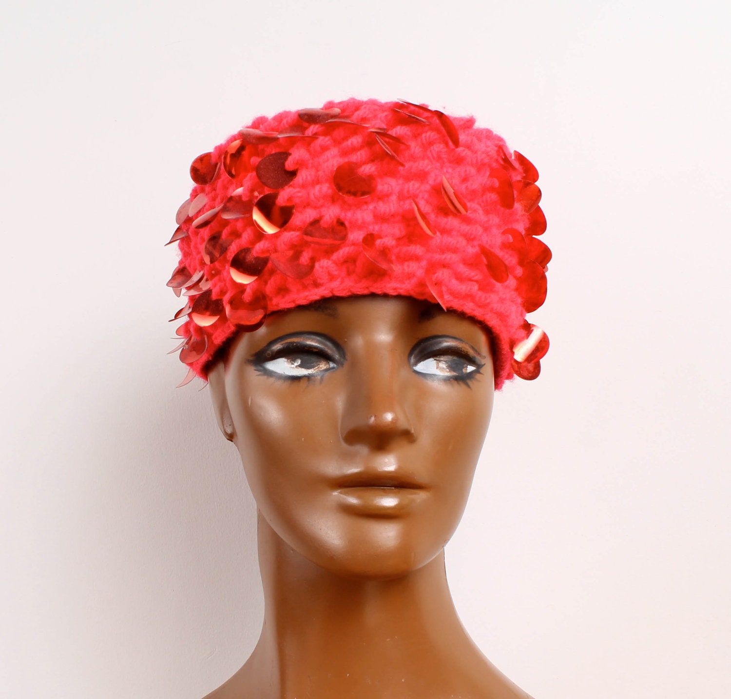 1960s Crocheted Pillbox Hat / Red w/ Big Spangles Winter 60s Handmade Cap