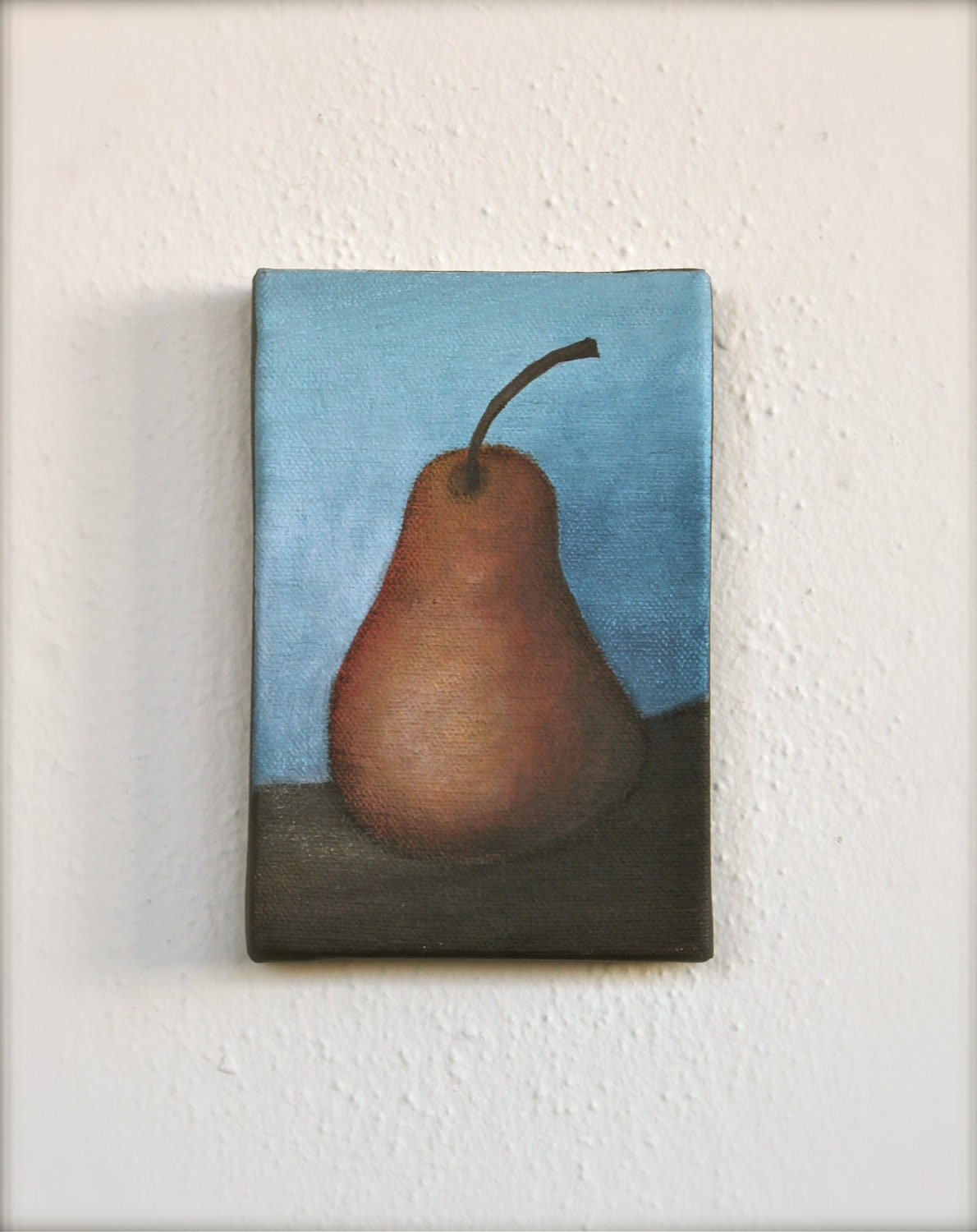 still life original painting fruit pear brown blue acrylic on canvas