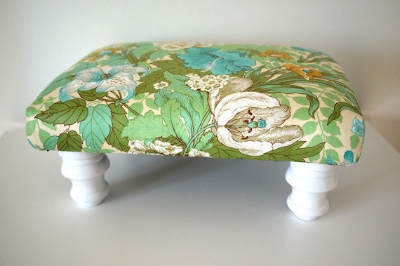 Vintage Blue Green Floral Footstool Ottoman