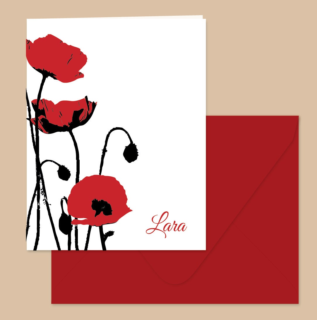 poppies / personalized notecards / stationery / stationary / custom printed cards (set of 8)