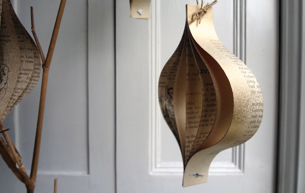 Home decor Vintage Dickens Book Paper Ornament Rustic Gold