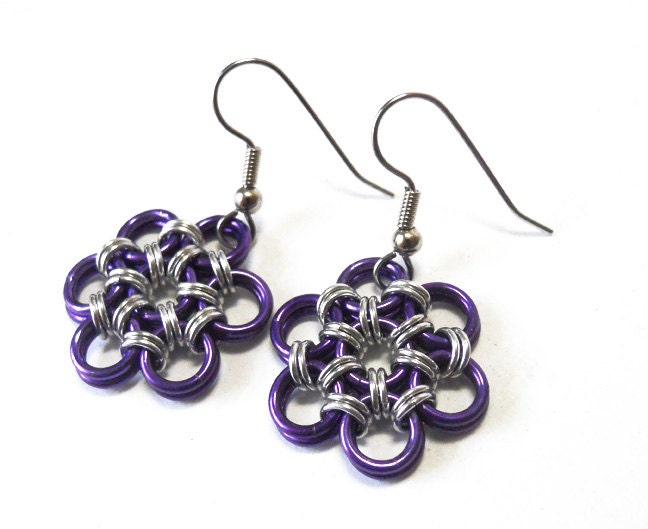 Purple flower earrings, Floral jewelry, Chainmaille, Japanese 12-in-2 weave
