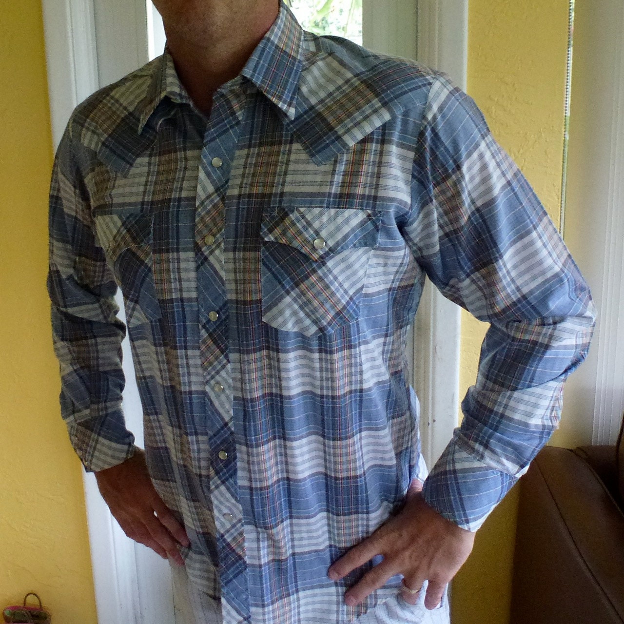 Vintage western long sleeve pearl snap plaid shirt - size L