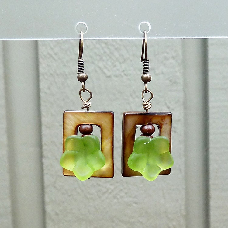Green Flower Earrings Dangle Earrings Green by ElectricPenguin