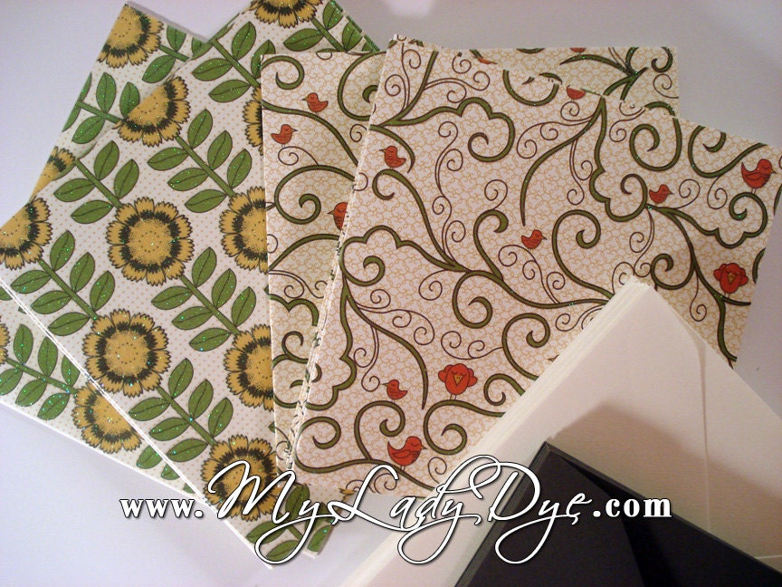 Set of 16 LARGE Sun Flower and Bird Thank You Note Cards and 16 Envelopes - Yellow Green Ivory and Coral - My Lady Dye