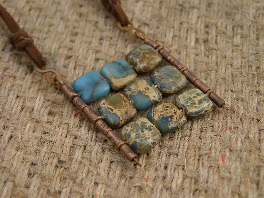 Nine squares boho pendant tile natural blue green mint turquoise gemstone on suede casual necklace Israel art made in Israel