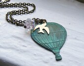 Hot Air Balloon Necklace. Verdigris Necklace. Sparrow Necklace. Flower. Turquoise Jewelry. Vintage Inspired