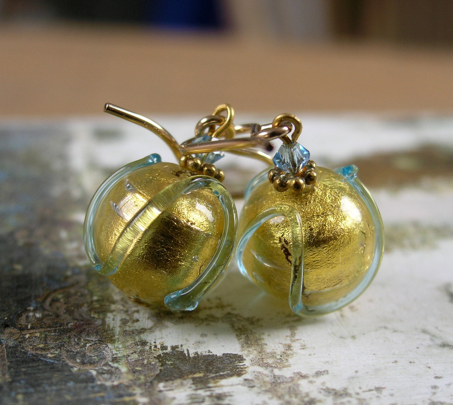 Pair of  24K Gold Leaf Venetian Glass Bead Earrings with Aqua stripes