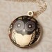 Small Yellow Whimsical Owl Locket,  Girl's Necklace, Miniature Pendant, Purple, 14kt Gold Filled Chain, Little Bird, Women's Jewelry