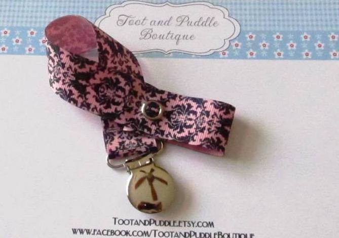 Girls Pacifier Clip Pink and Black Damask Fast Shipping