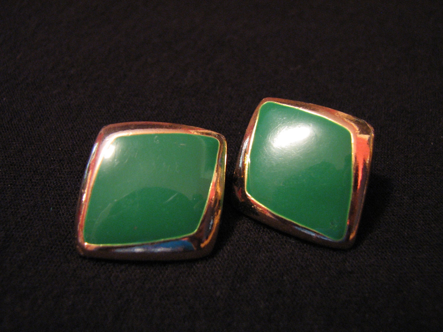 Vintage Gold Tone and Forest Green Enameled Diamond Pierced Earrings