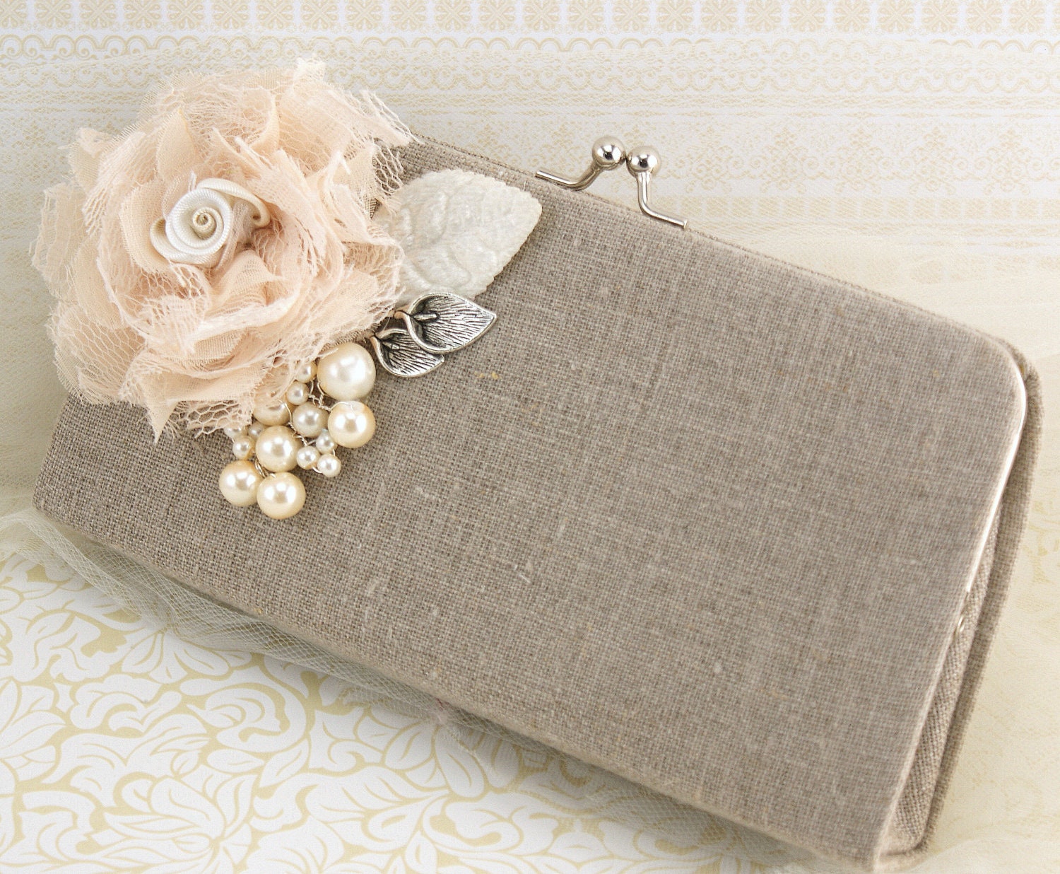 Clutch Linen Bridal and Bridesmaids Clutch Shabby Chic Rustic Wedding in Ivory and Nude with Linen, Lace and Pearls- Vintage Inspired