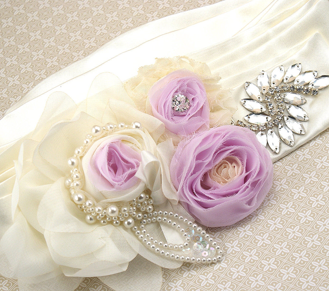 Bridal Sash - Sash in Lilac, Ivory and Cream with Chiffon, Crystal Rhinestones and Pearls - Vintage Goddess