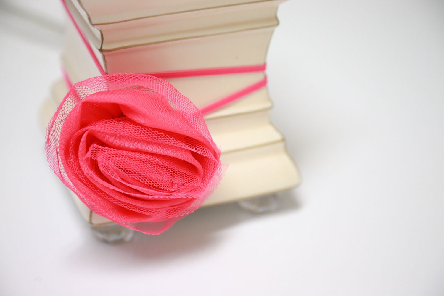 SALE - Medium Chiffon and Tulle Flower Rosette Headband in Hot Pink
