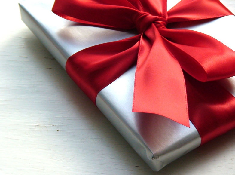 Silver Wrapping Paper with a Red Satin Ribbon - Gift Wrap My Stationery Order
