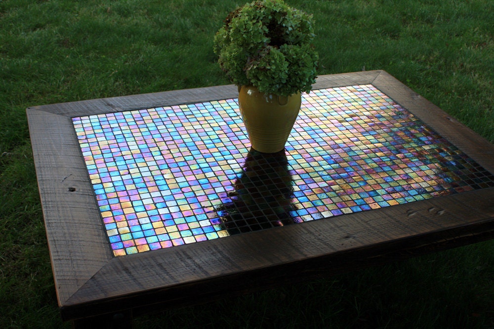 Large Coffee Table, Iridescent Mosaic Tile, "Starry, Starry Night", Reclaimed Wood, Rustic Contemporary, Dark Brown Wax Finish - Handmade