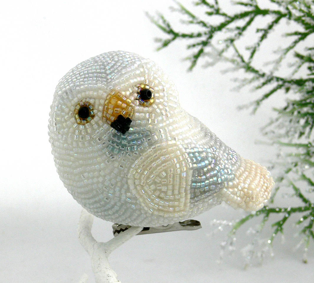 Snowy Owl Ornament White Beaded Clip On Decoration READY TO SHIP
