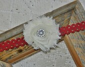 Red Stretch Lace Headband for Infant Girl OR Toddler and Shabby Frayed Chiffon Ivory Flower with Rhinestone Embellishment