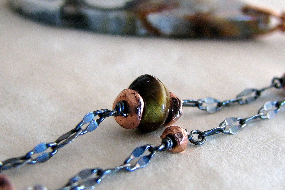 Jasper Necklace, Natural Stone Pendant, Tiger Eye Gemstone, Copper, Bold, Statement, Black Sterling Silver - Snowy Heart