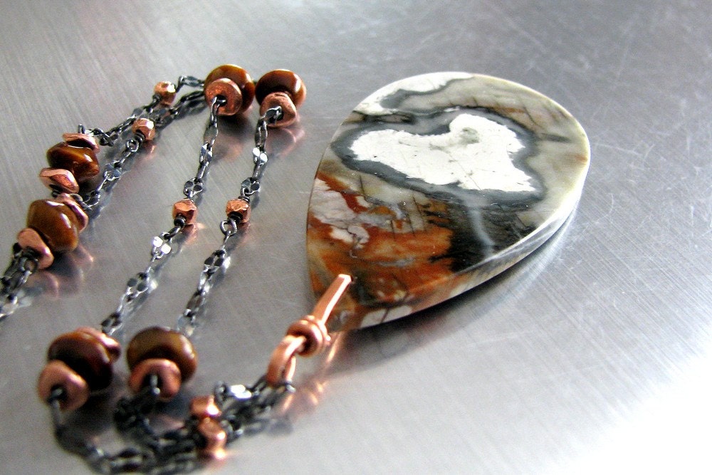 Jasper Necklace, Natural Stone Pendant, Tiger Eye Gemstone, Copper, Bold, Statement, Black Sterling Silver - Snowy Heart
