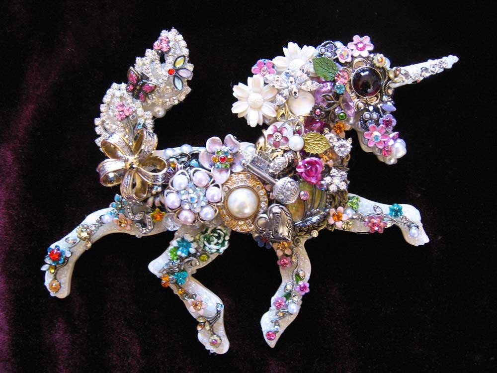 Vintage Jewelry Collage Sculpture Adiana Unicorn Decorative Art