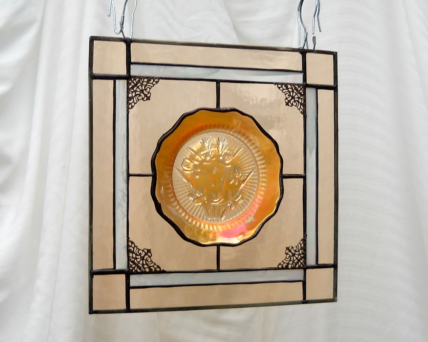 Depression Glass Stained Glass Window Plate Panel with Iris and Herringbone Dish