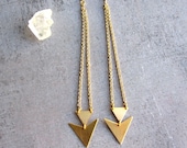 Triangle dangle gold brass long earrings, geometric jewelry, arrow, chevron,