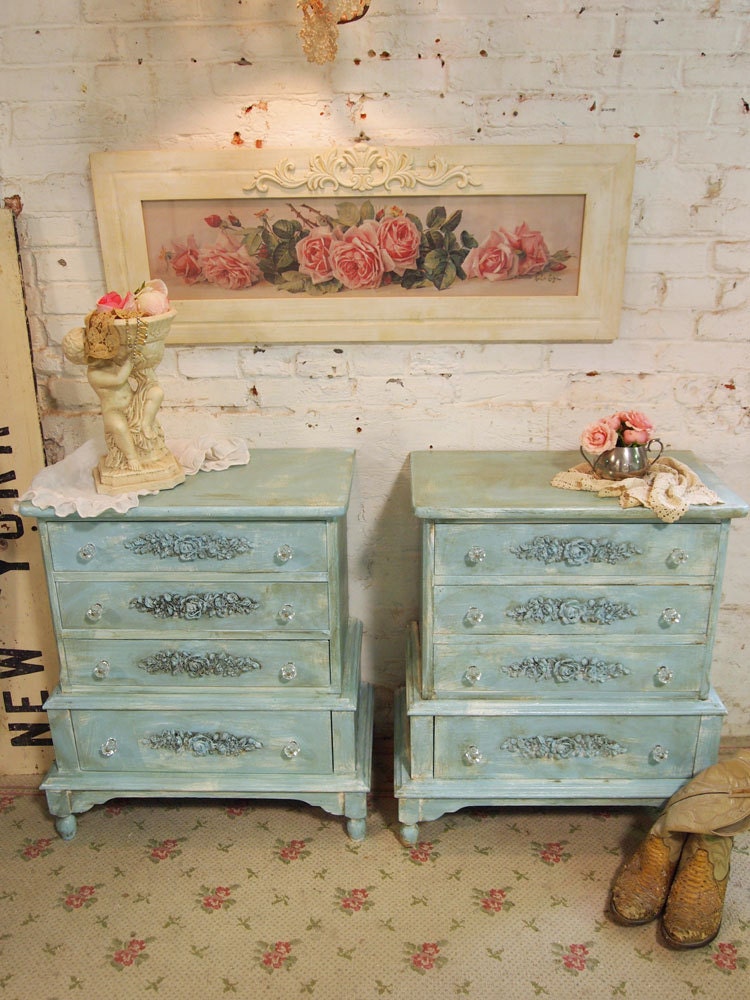 Painted Cottage Chic Shabby Pair of Aqua Night Tables NT443