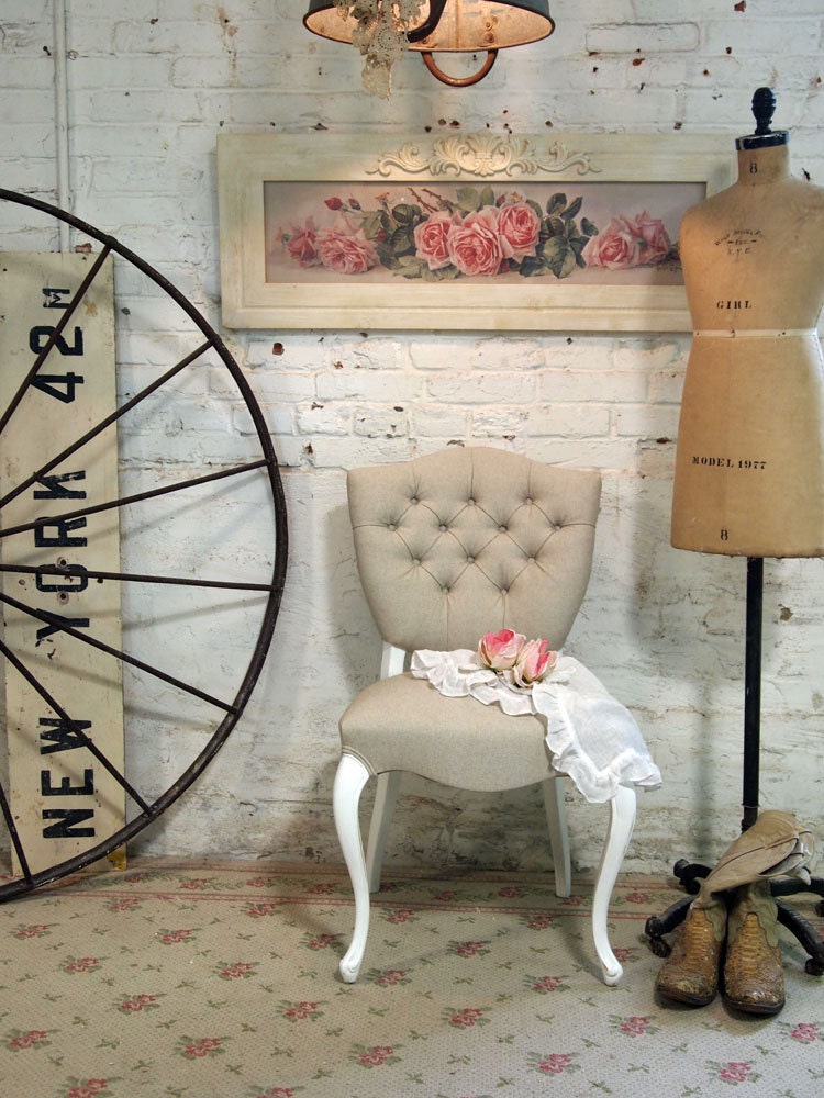 Painted Cottage Chic Shabby French Tufted Upholstered Chair