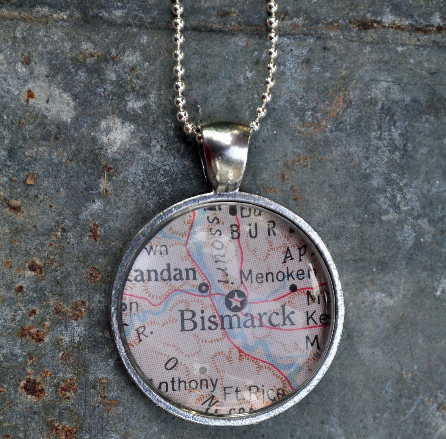 Map Pendant Necklace from Vintage Atlas Bismark North Dakota