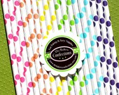 Girls Rainbow Paper Straws in Polka Dot - with Printable DIY Flag Toppers & Pixie Stix Recipe (30 count) Use for Cake Pops and Drink Markers