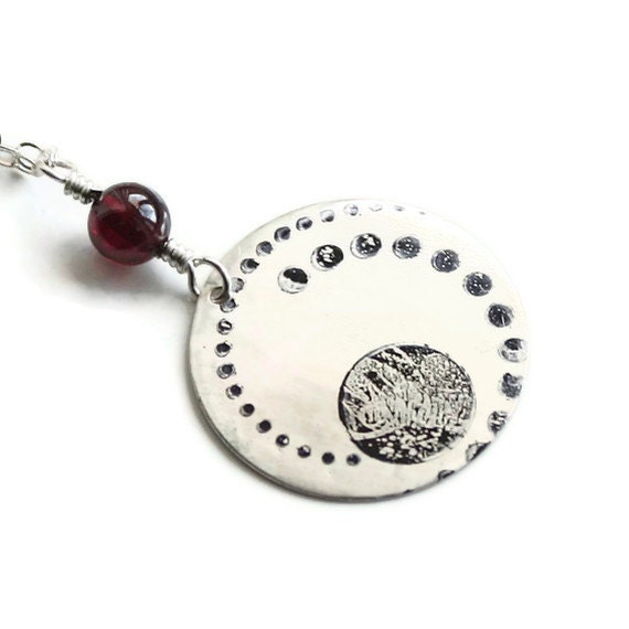 Garnet and Dot Stamped Silver Disc Necklace - quidditydesigns
