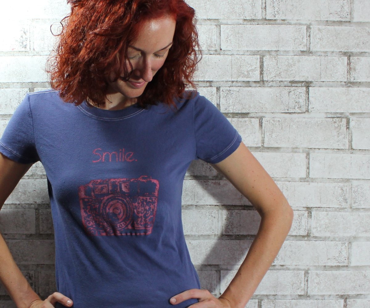 Camera Women's Tshirt. 35 mm camera "Smile" text, Ladies cotton crew neck teeshirt in blue or custom colors