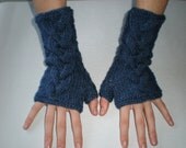 Hand-knitted women blue jeans color wrist warmers with cables