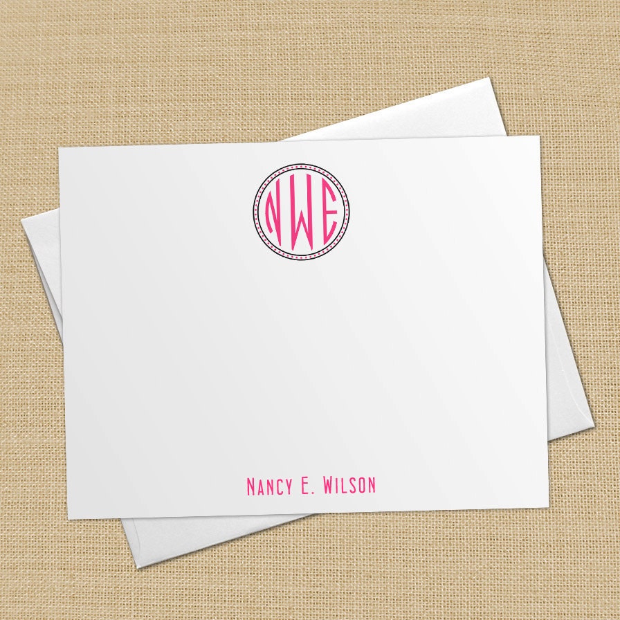 Dotted Circle Monogram - Set of 8 CUSTOM Personalized Flat Note Cards/ Stationery