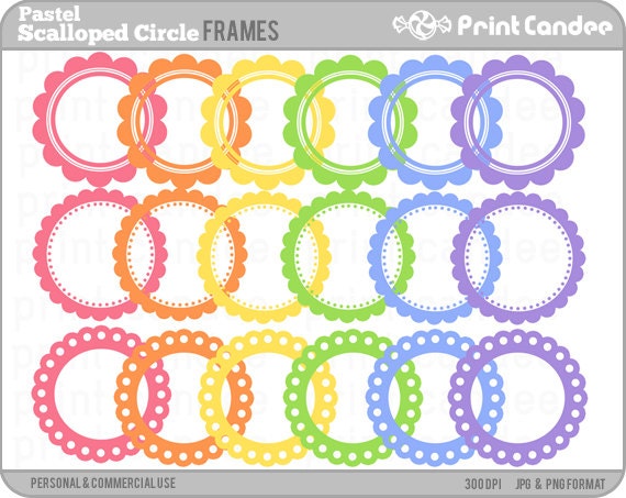 Pastel Rainbow Scalloped Circle Frames - BUY 2 GET 2 FREE - Personal and Commercial Use - digital clipart frames clip art cute modern label