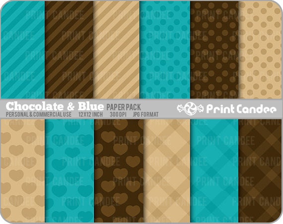 Chocolate & Blue Paper Pack (12 Sheets) - BUY 2 GET 2 FREE - Personal and Commercial Use - polka dot hearts tartan stripe brown
