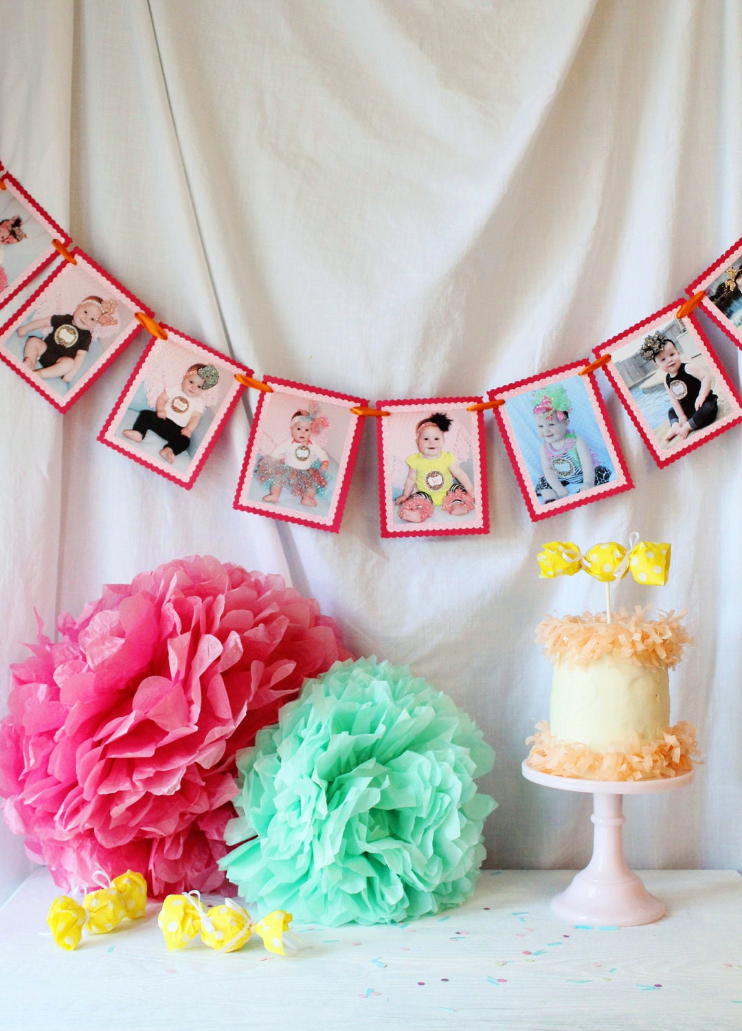 One year frosted photo garland