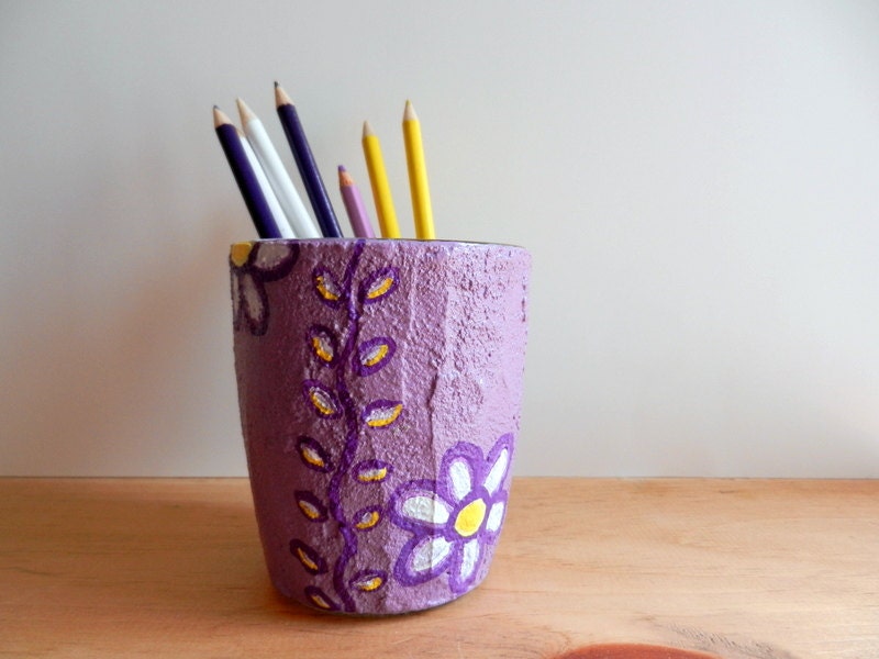 Purple pencil holder / office decor / flower cup / handcrafted pen cup / office art