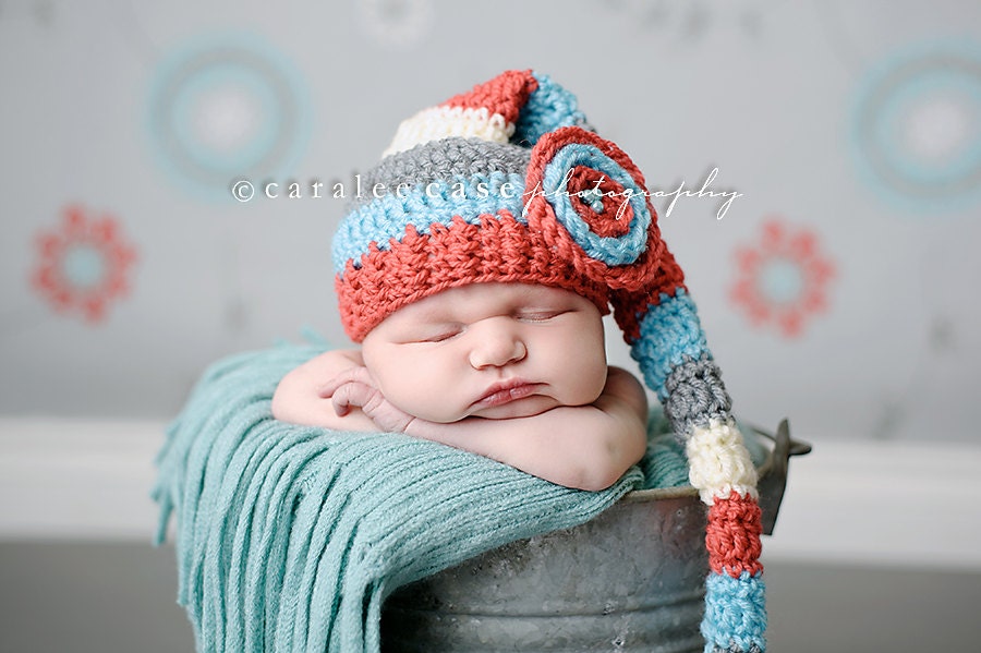 Baby Girl Elf Hat in Coral, Aqua, & Grey