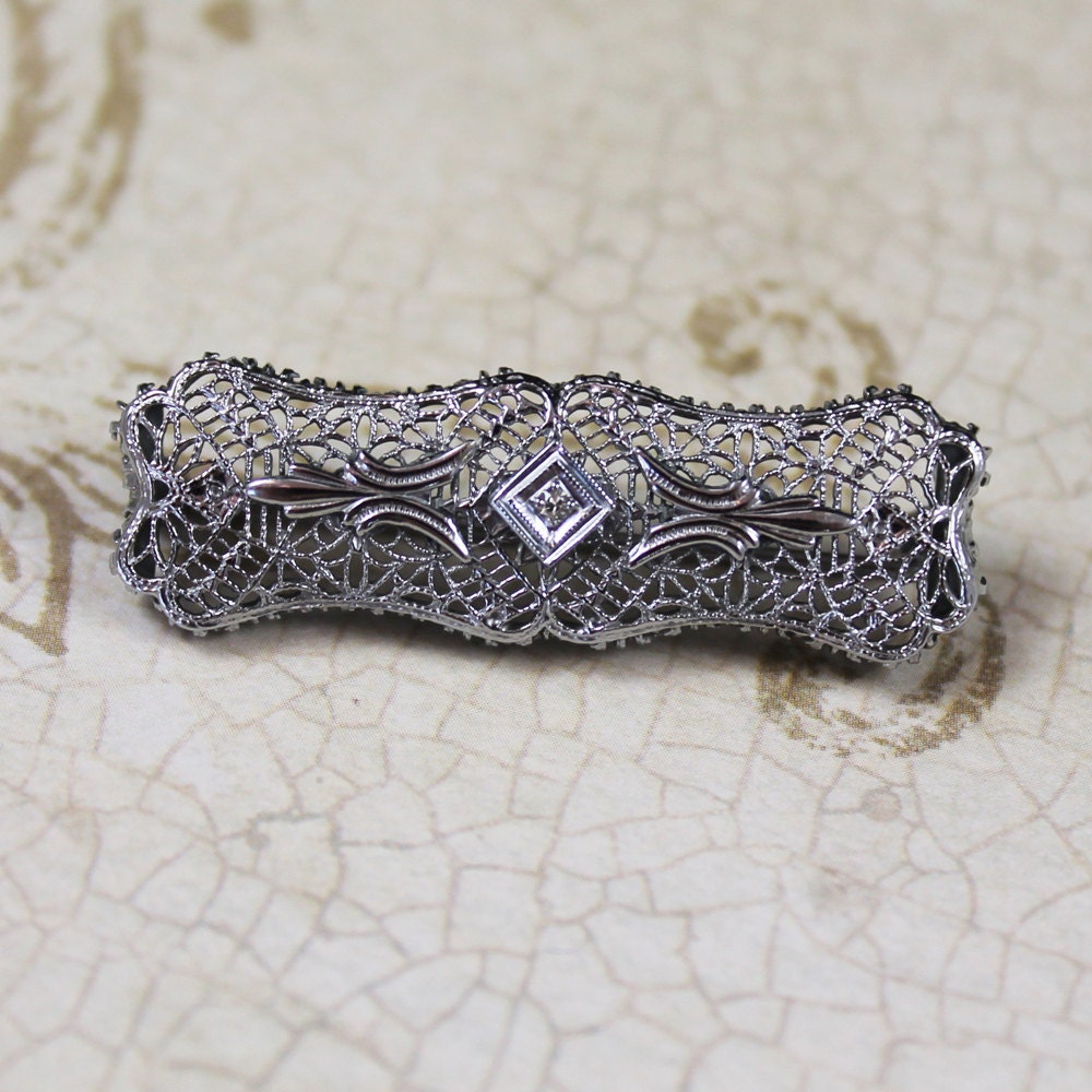 Art Deco Filligree 14k White Gold Diamond Brooch