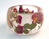 Size XL Rose Resin Bracelet.  Red Pink Rose.  Plus Size Resin Bangle with Real Flowers