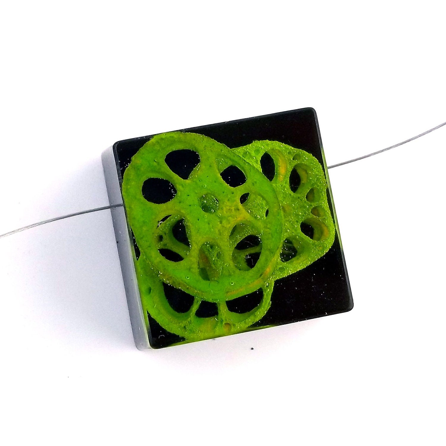 READY TO SHIP Green Lotus Stems set into Black Resin Cube.   Black Botanical Resin Necklace.  Real Flower.