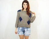 Tan and Blue Patched Sweater S M