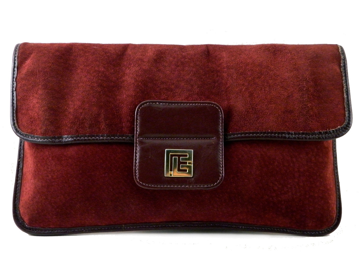 Authentic BALMAIN Vintage Burgundy Suede Leather Fold Over Clutch Pierre Balmain