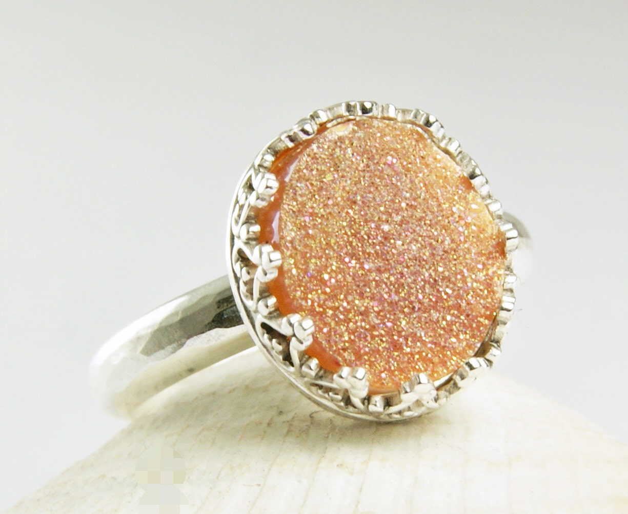 Sterling Silver Druzy Ring, Peach Stone, Pink Crystals, Handmade Custom Jewelry-made to order in your size