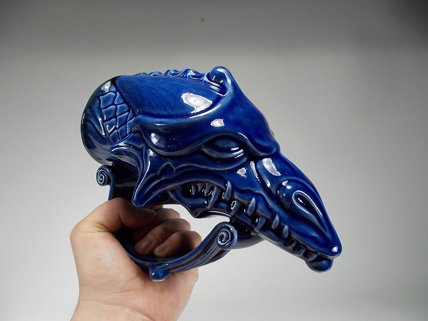 Dragon Beer Mug - Drinking horn -  Functional Stoneware - Fathers Day Gift - Home Decor - Fantasy Art - Royal Blue - 20oz -