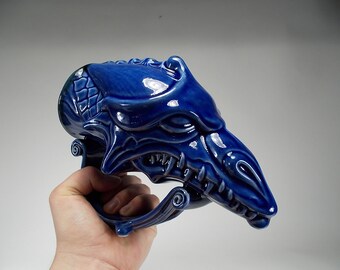 Dragon Beer Mug - Drinking horn -  Functional Stoneware - Fathers Day Gift - Home Decor - Fantasy Art - Royal Blue - 20oz -