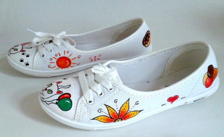Hand Painted Pumps / Sneakers - Kitty Loves balloons Whimsical design - UK 4/ US 6.5 /EU 37