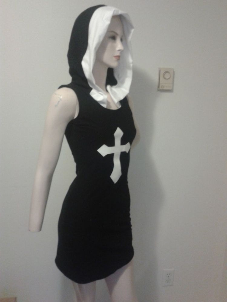 Sexy Nun Goth Hooded Dress Black Wiggle Dress Pin Up Halloween Costume Gothic Black Dress Custom Size